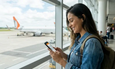 Passageira escolhendo assento no avião da GOL pelo celular