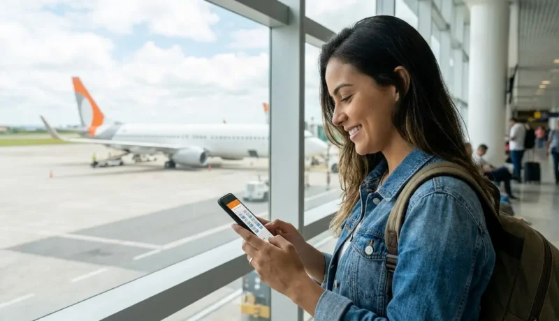 Passageira escolhendo assento no avião da GOL pelo celular