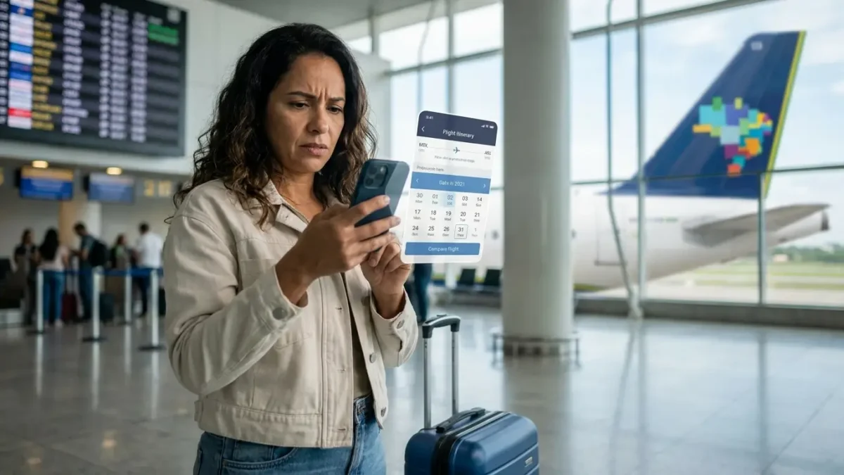 Passageira pesquisando como remarcar passagem aérea Azul pelo celular no aeroporto