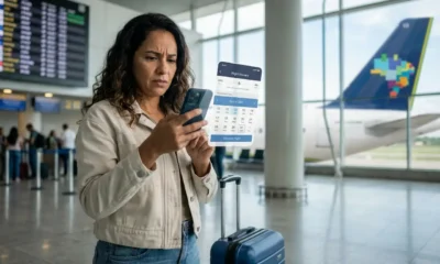 Passageira pesquisando como remarcar passagem aérea Azul pelo celular no aeroporto