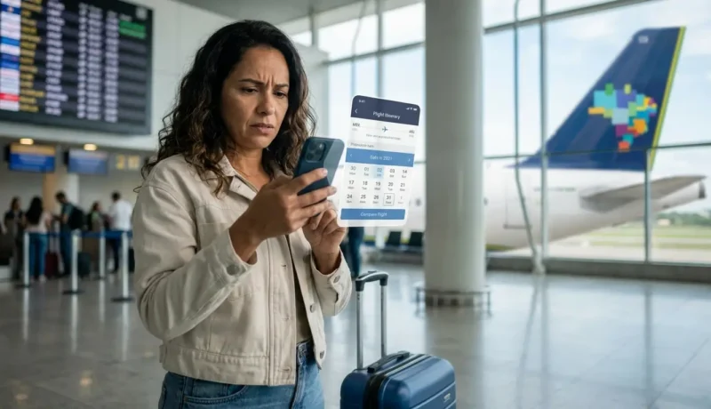Passageira pesquisando como remarcar passagem aérea Azul pelo celular no aeroporto