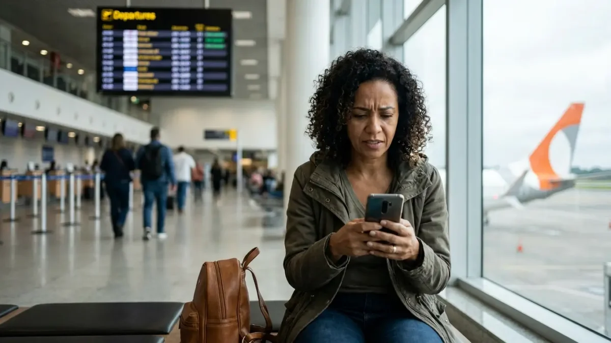 Passageira pesquisando como remarcar passagem aérea GOL pelo celular em um aeroporto