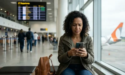 Passageira pesquisando como remarcar passagem aérea GOL pelo celular em um aeroporto