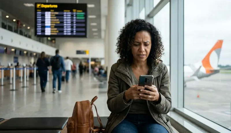Passageira pesquisando como remarcar passagem aérea GOL pelo celular em um aeroporto