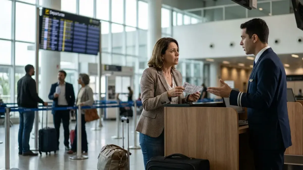 Passageiro buscando informações sobre o que fazer em caso de overbooking no balcão da companhia aérea