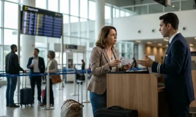 Passageiro buscando informações sobre o que fazer em caso de overbooking no balcão da companhia aérea