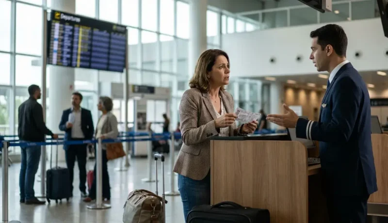 Passageiro buscando informações sobre o que fazer em caso de overbooking no balcão da companhia aérea