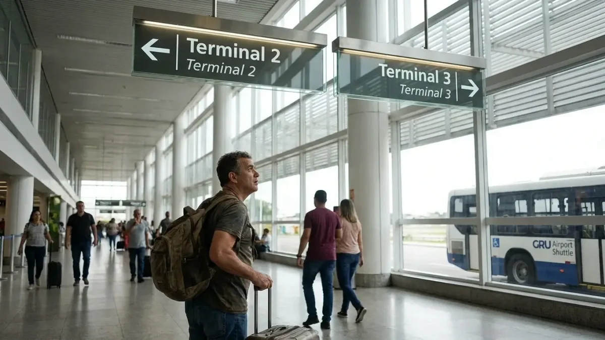 Passageiro descobrindo como ir do Terminal 2 para o 3 em Guarulhos