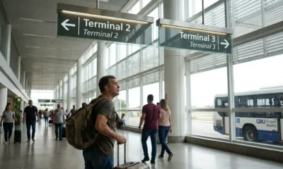 Passageiro descobrindo como ir do Terminal 2 para o 3 em Guarulhos