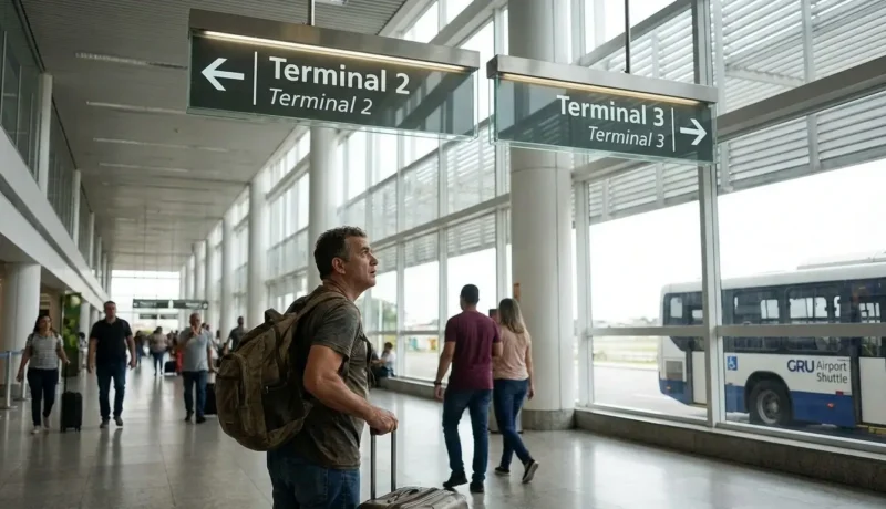 Passageiro descobrindo como ir do Terminal 2 para o 3 em Guarulhos