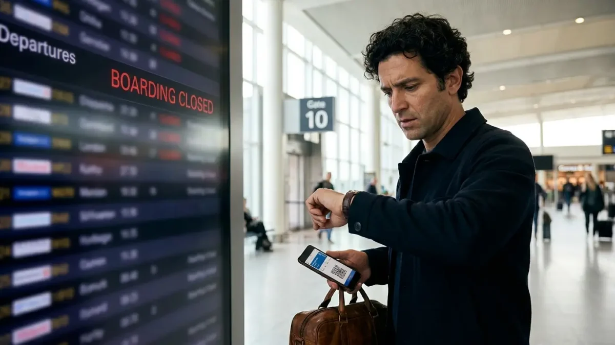 Passageiro descobrindo o que é no show em voo ao chegar atrasado ao aeroporto