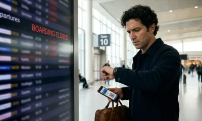 Passageiro descobrindo o que é no show em voo ao chegar atrasado ao aeroporto