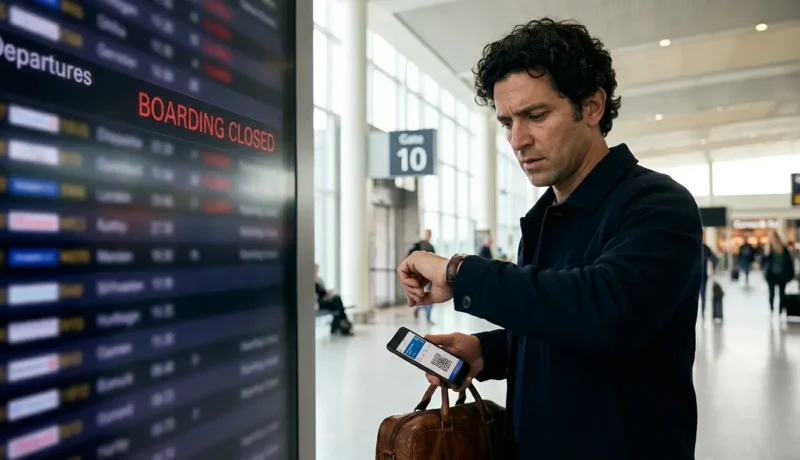Passageiro descobrindo o que é no show em voo ao chegar atrasado ao aeroporto
