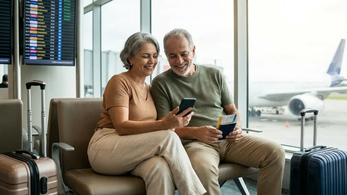 Passagem aérea gratuita para idoso com casal de idosos pesquisando voos no aeroporto