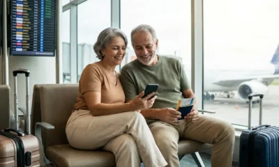 Passagem aérea gratuita para idoso com casal de idosos pesquisando voos no aeroporto