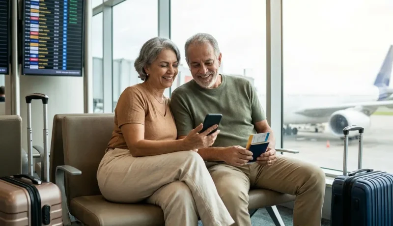 Passagem aérea gratuita para idoso com casal de idosos pesquisando voos no aeroporto