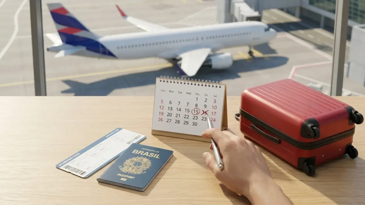 Passagem, calendário e mala representando como remarcar passagem aérea LATAM