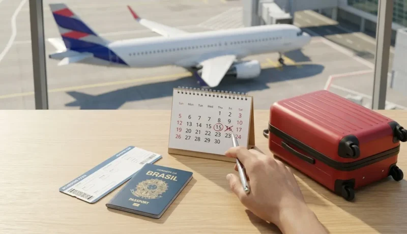 Passagem, calendário e mala representando como remarcar passagem aérea LATAM