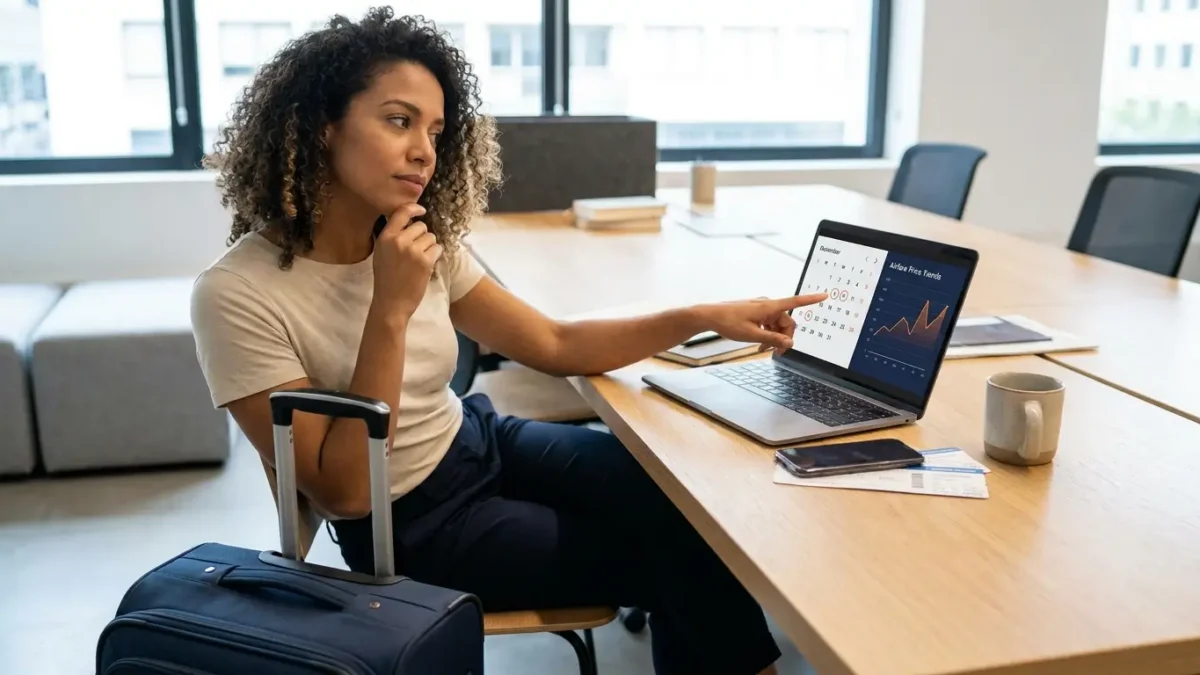 Pessoa analisando as melhores datas para comprar passagem aérea em um calendário de viagem no notebook