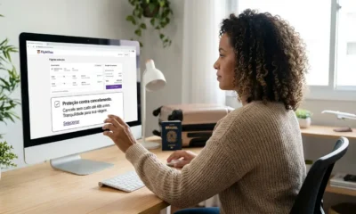 Pessoa contratando proteção de cancelamento de passagem aérea no site da FlipMilhas