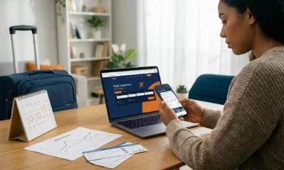 Pessoa pesquisando qual o melhor dia e horário para comprar passagem aérea barata pelo celular com mala de viagem ao lado