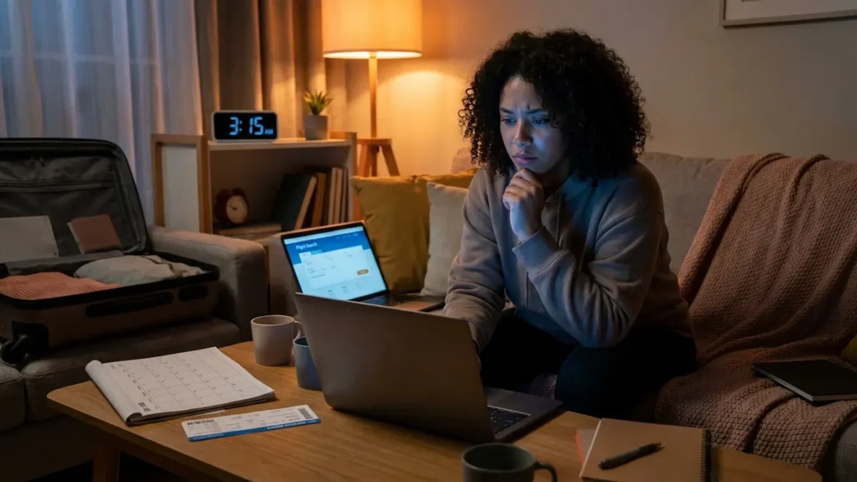 Pessoa pesquisando se passagem aérea de madrugada é mais barata no notebook durante a noite com mala ao lado