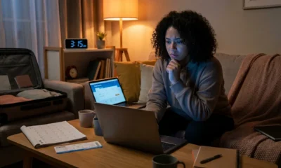 Pessoa pesquisando se passagem aérea de madrugada é mais barata no notebook durante a noite com mala ao lado