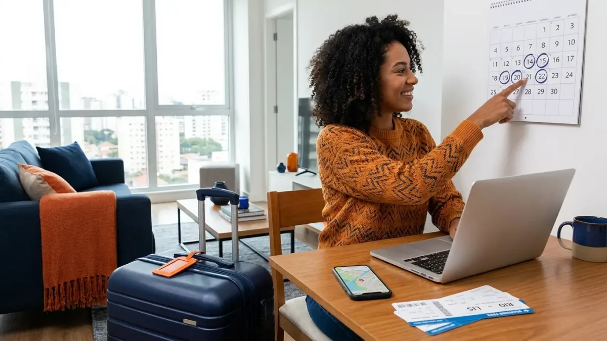 Pessoa planejando comprar passagem aérea com antecedência em um calendário de viagem no notebook