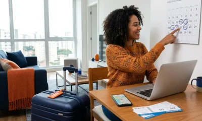 Pessoa planejando comprar passagem aérea com antecedência em um calendário de viagem no notebook