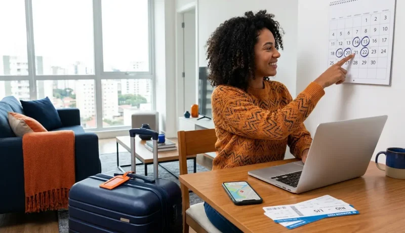 Pessoa planejando comprar passagem aérea com antecedência em um calendário de viagem no notebook