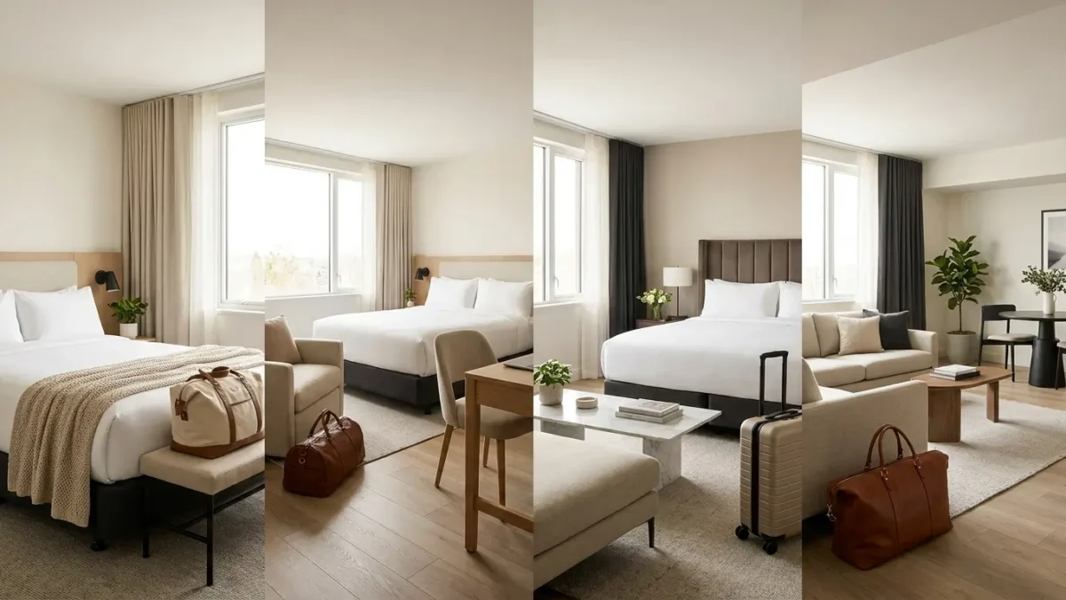 Tipos de quarto de hotel standard, superior, luxo e suíte comparados em uma hospedagem moderna