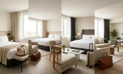 Tipos de quarto de hotel standard, superior, luxo e suíte comparados em uma hospedagem moderna