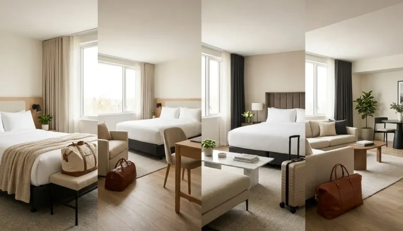 Tipos de quarto de hotel standard, superior, luxo e suíte comparados em uma hospedagem moderna