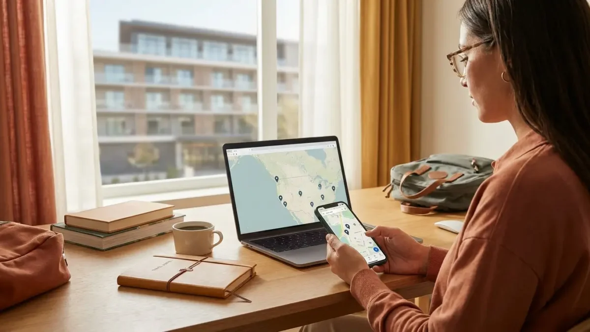 Viajante analisando a localização do hotel no mapa antes de reservar a hospedagem