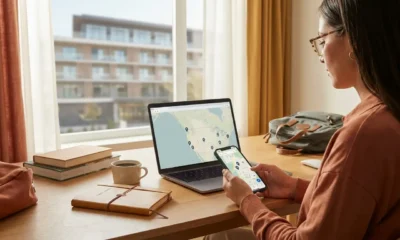 Viajante analisando a localização do hotel no mapa antes de reservar a hospedagem