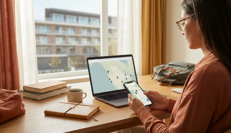 Viajante analisando a localização do hotel no mapa antes de reservar a hospedagem