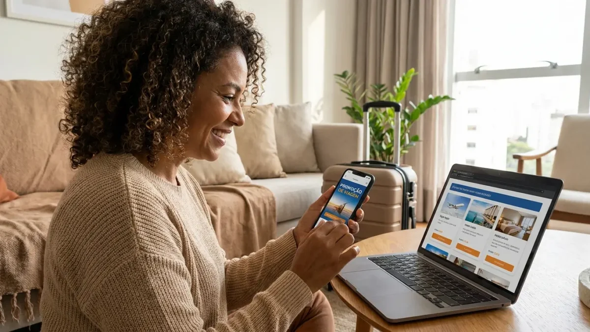 Viajante analisando pacote de viagem promocional no celular com passagem aérea, hotel e mala sobre a mesa