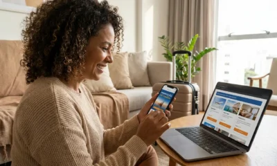 Viajante analisando pacote de viagem promocional no celular com passagem aérea, hotel e mala sobre a mesa