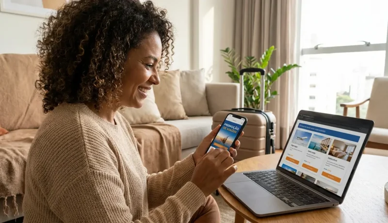 Viajante analisando pacote de viagem promocional no celular com passagem aérea, hotel e mala sobre a mesa