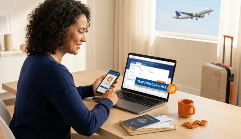 Viajante pesquisando como comprar passagem aérea com milhas pelo celular