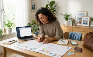 Viajante pesquisando qual o mês mais barato para viajar em um calendário com passagens e hospedagens