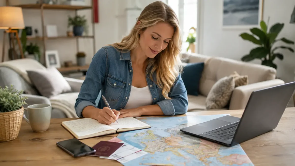 Viajante planejando o que é Eurotrip com mapa da Europa, passaporte e passagens