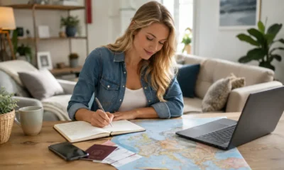 Viajante planejando o que é Eurotrip com mapa da Europa, passaporte e passagens