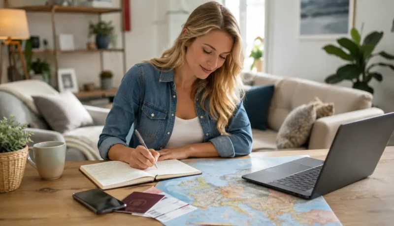 Viajante planejando o que é Eurotrip com mapa da Europa, passaporte e passagens