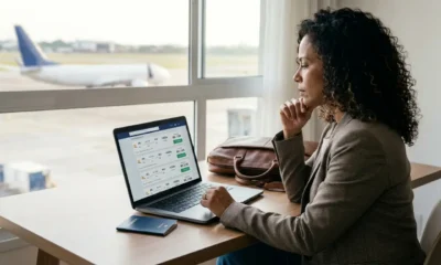 Viajante usando comparador de passagens aéreas para pesquisar preços de voos