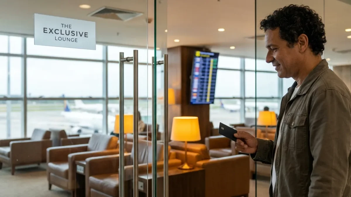 Viajante utilizando cartão com sala VIP ilimitada em aeroporto moderno