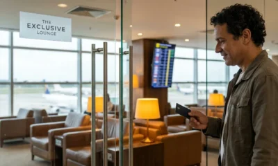 Viajante utilizando cartão com sala VIP ilimitada em aeroporto moderno