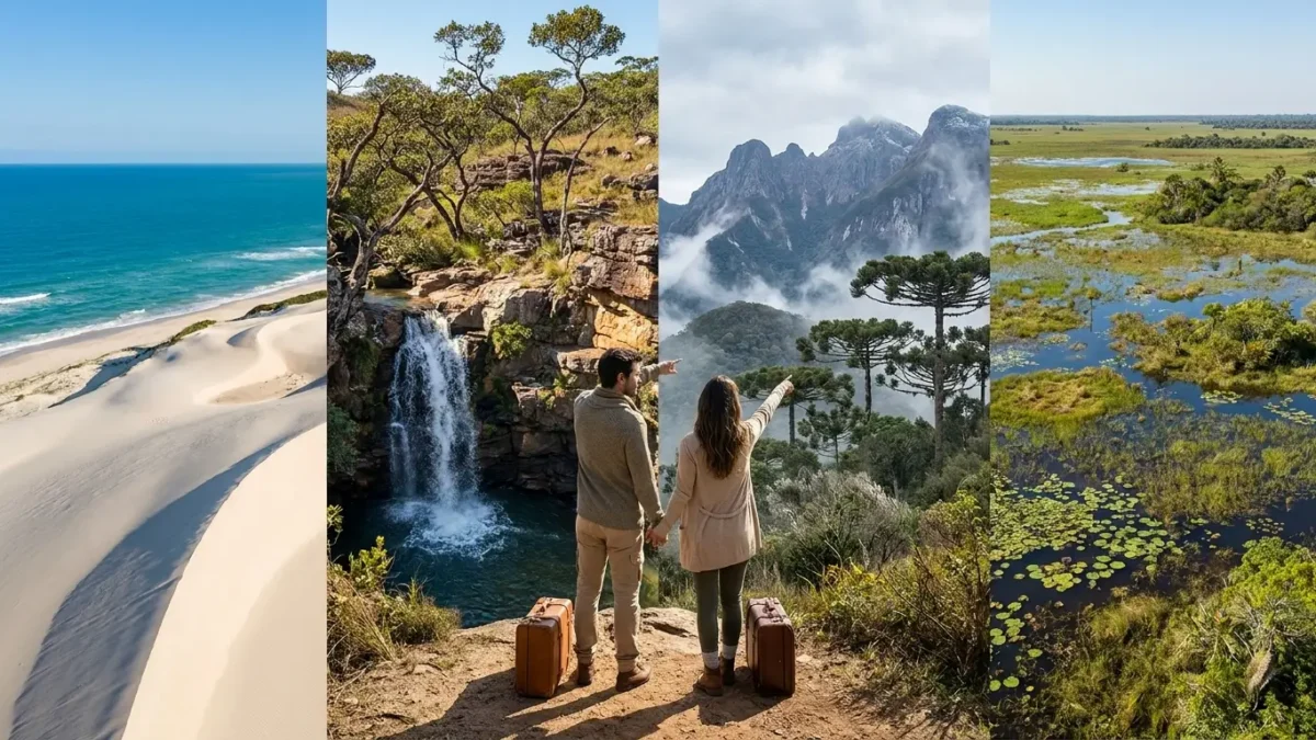 Viajantes pesquisando lugar para viajar em agosto com imagens de praia, montanha e natureza brasileira