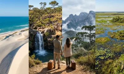 Viajantes pesquisando lugar para viajar em agosto com imagens de praia, montanha e natureza brasileira