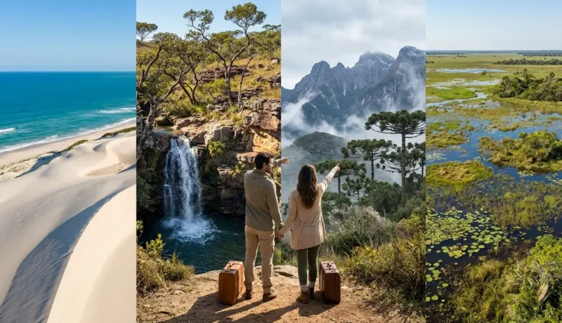 Viajantes pesquisando lugar para viajar em agosto com imagens de praia, montanha e natureza brasileira